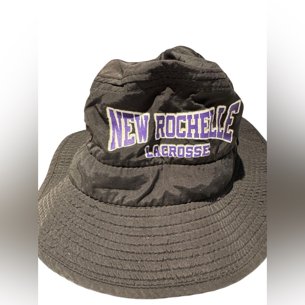 Black Bucket Hat with Purple New Rochelle Lacrosse branding. Gently worn